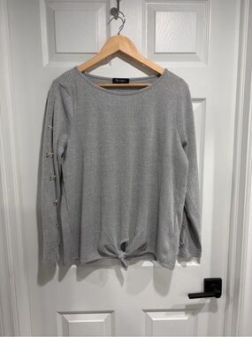 Lily Morgan Light Gray Knit Tie-Hem Ribbed Sweater with Side Bow Details